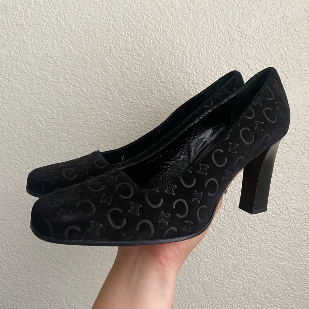 Vintage Celine Suede Logo Block Heel Pumps Black